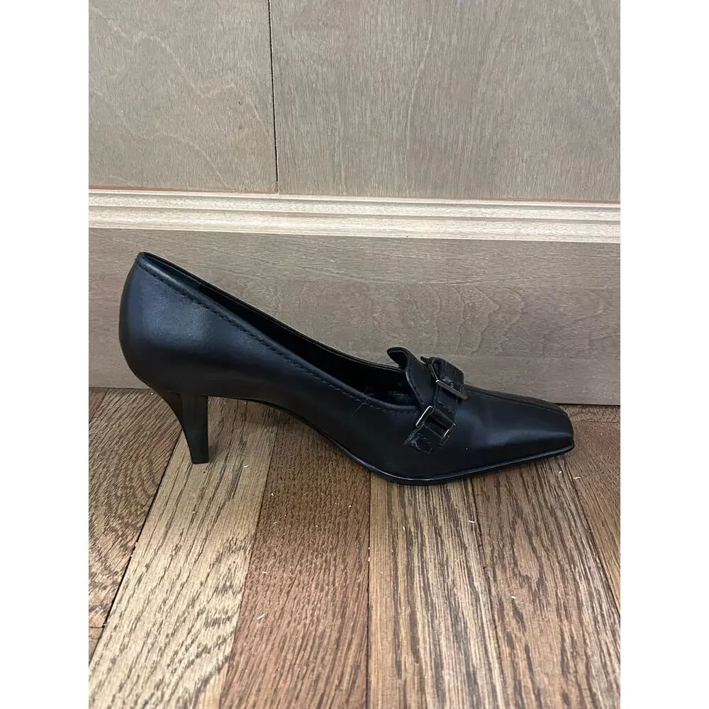 Franco Sarto Black Leather Heeled Loafers Pumps 6.5 Square Toe Preppy Y2K Office
